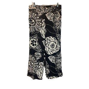 Christian Siriano Pants Womens Size L Black Floral 100% Linen‎ Tropical Beachy